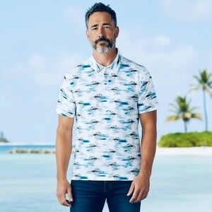 Chaps Golf Mens 4-Way Stretch Super Soft Blue Printed White Polo Shirt 2XL NWT